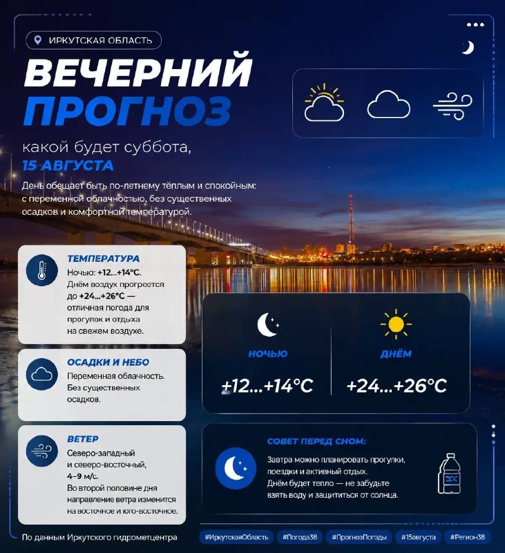 🌙 Вечерний прогноз: какой будет суббота, 15 августа, в Иркутской области