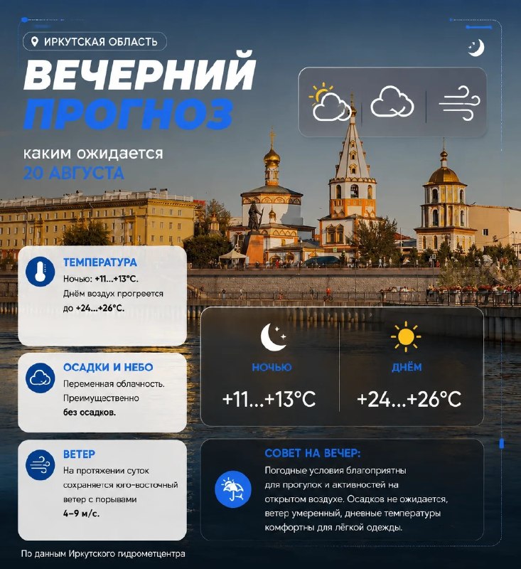 🌙 Вечерний прогноз: каким ожидается четверг, 20 августа, в Иркутске?