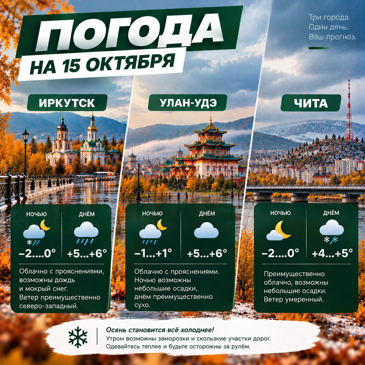 🌦 Погода на 15 октября: в Восточной Сибири похолодает