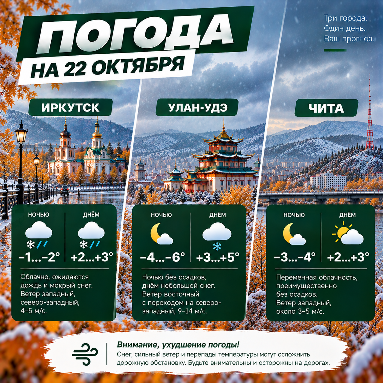 ❄️ Погода на 22 октября: в Восточную Сибирь придут снег и сильный ветер