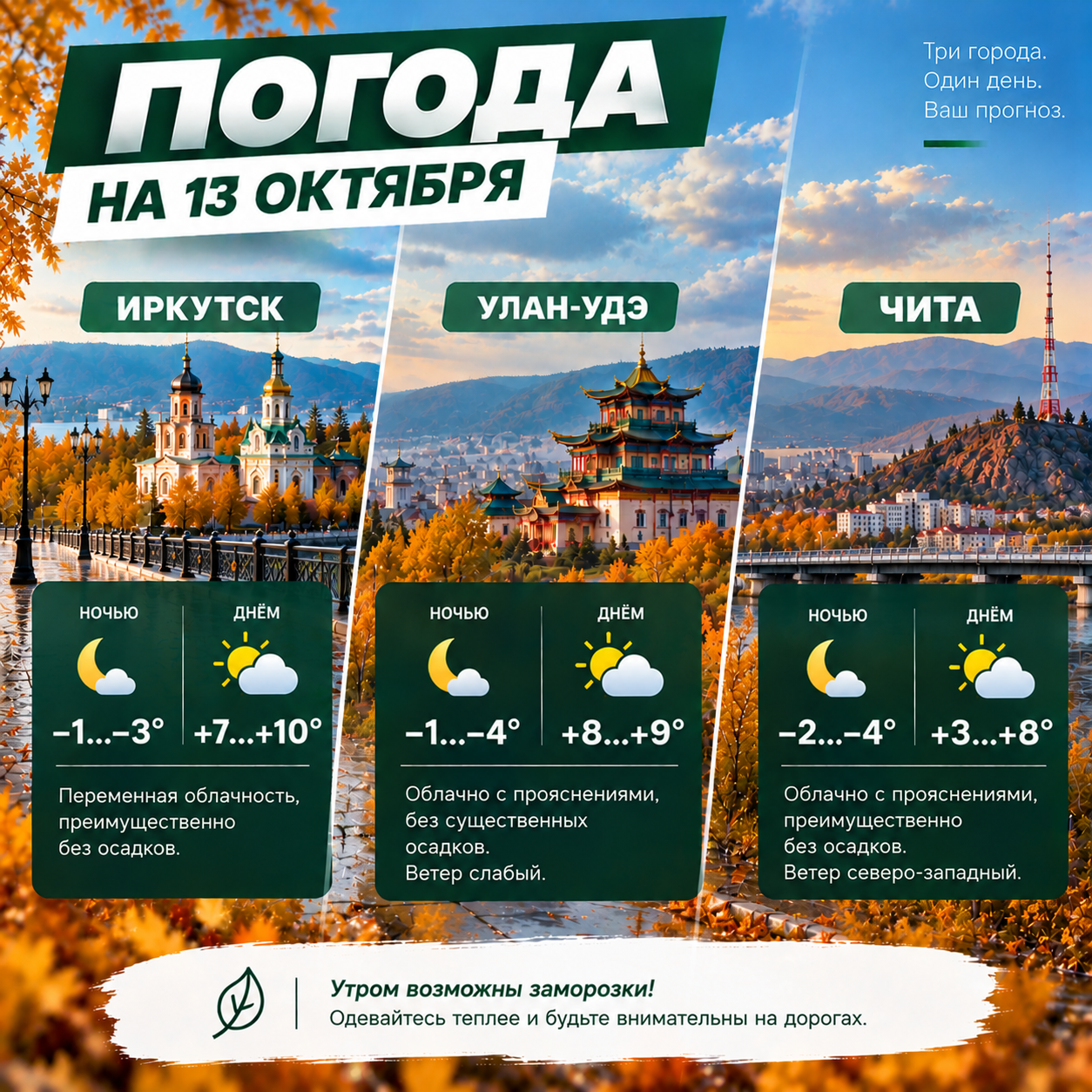 🌤 Погода на 13 октября: в Восточной Сибири ожидаются заморозки