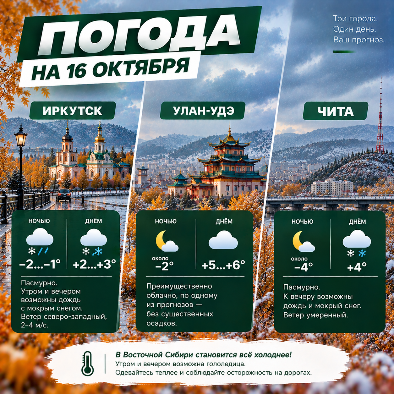 🌨 Погода на 16 октября: в Восточной Сибири ожидаются дождь и мокрый снег