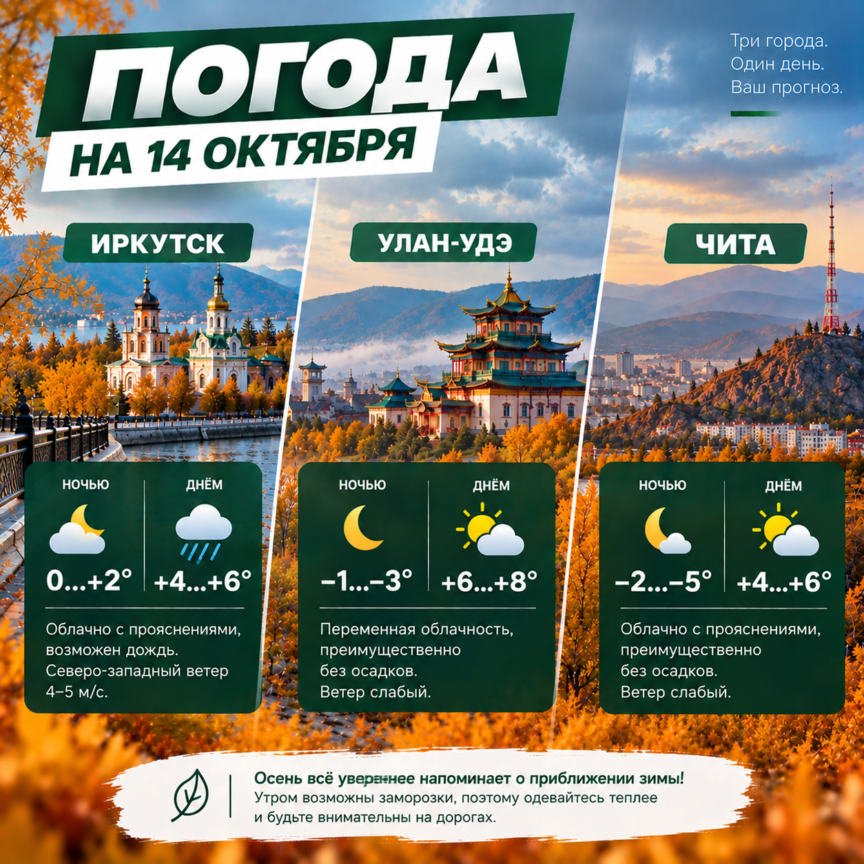 🌦 Погода на 14 октября: в Восточной Сибири станет прохладнее