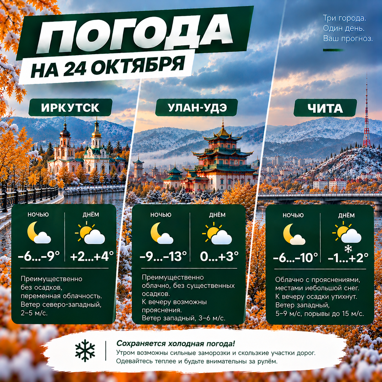 ❄️ Погода на 24 октября: в Восточной Сибири сохранятся ночные морозы