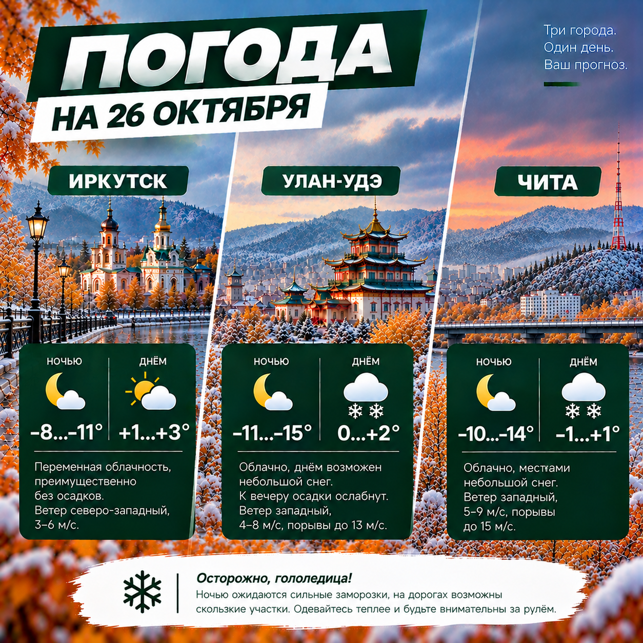 ❄️ Погода на 26 октября: в Восточной Сибири сохранятся сильные ночные морозы